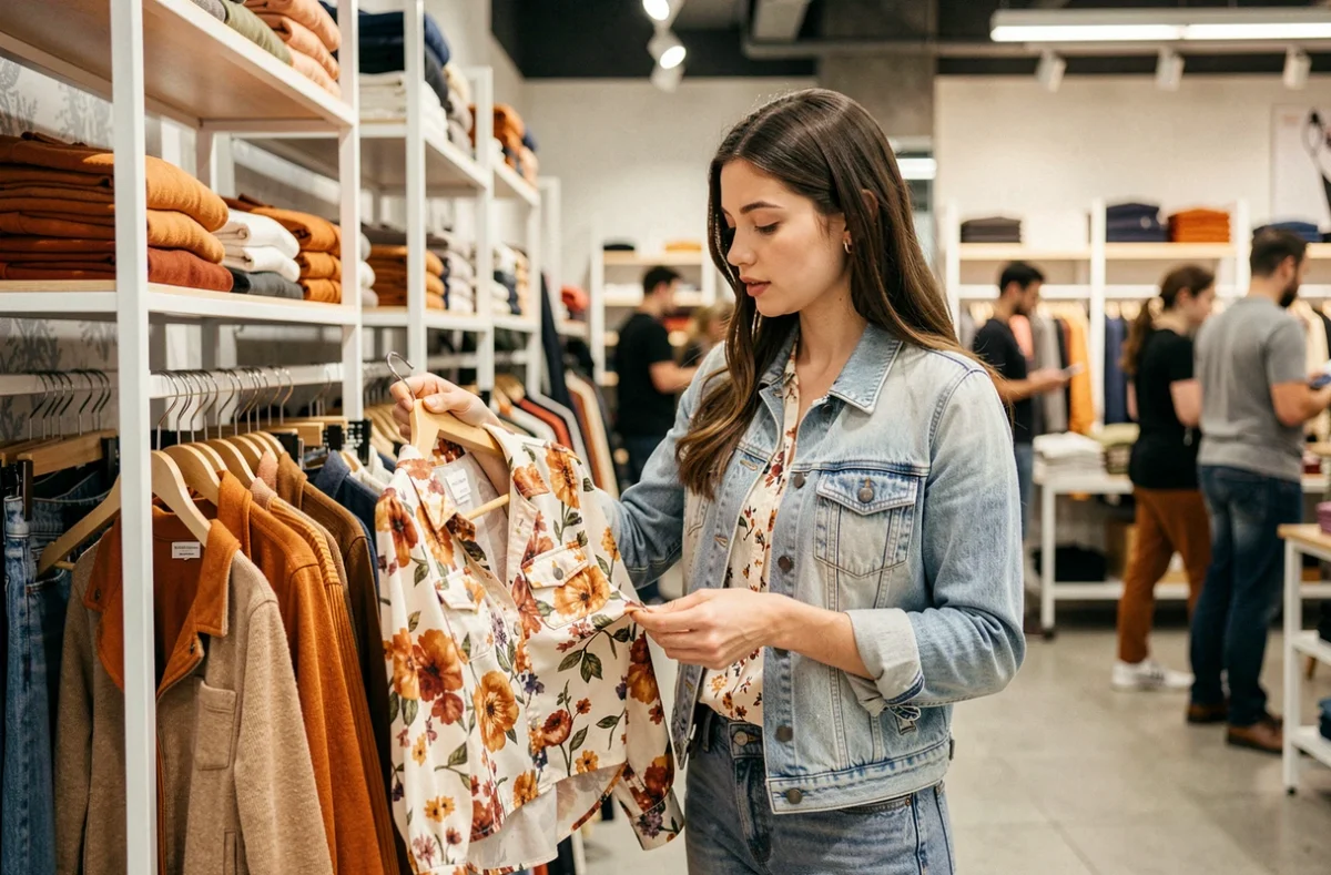 Jeune femme feuilletant un portant de vêtements abordables dans une boutique de mode urbaine, style Clockhouse