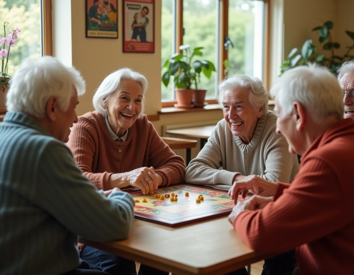 Un groupe de seniors joyeux joue à des jeux de société dans un centre communautaire, illustrant la sociabilité hors écran pour retrouver l'amour