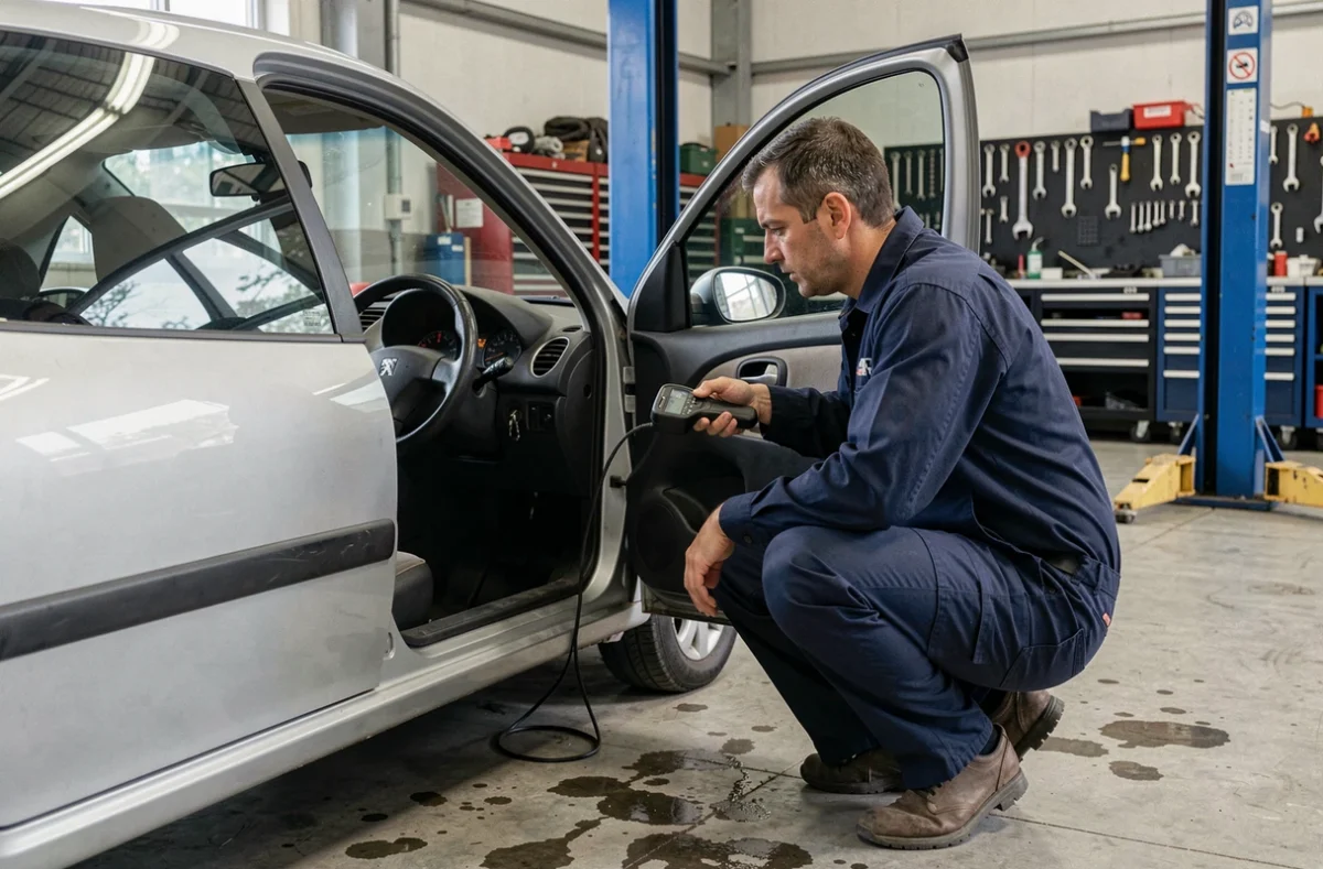 Mécanicien diagnostiquant les voyants d'une Peugeot 206 avec un scanner OBD dans un garage automobile