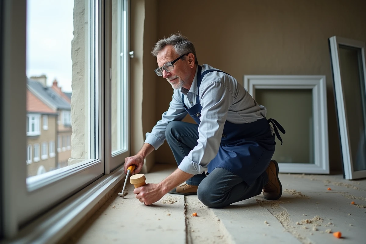 Menuisier installant un verre dormant dans un cadre PVC lors d'une rénovation résidentielle