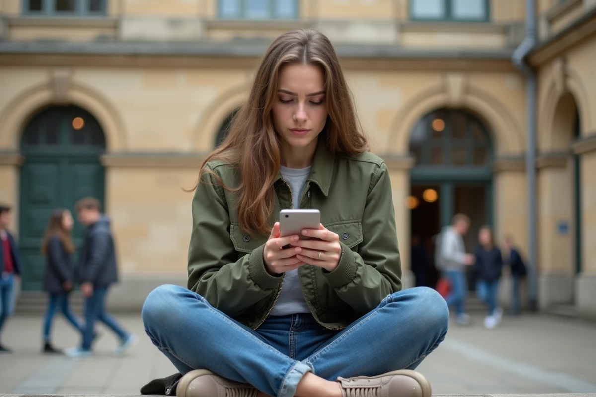 Jeune femme consultant son smartphone pour résoudre un problème de messagerie académique de Lyon dans une cour d'école française