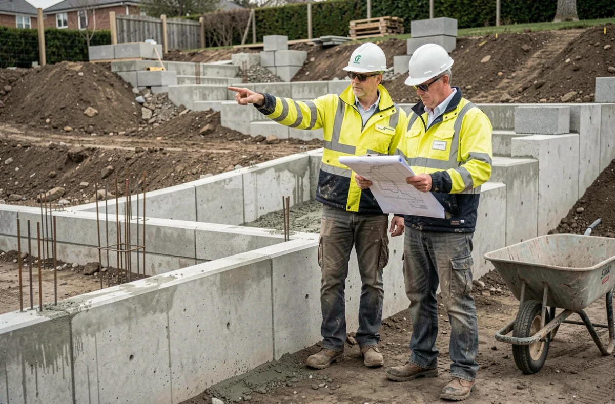 Deux ouvriers du bâtiment inspectant un mur de soutènement en béton construit pour stabiliser un terrain en pente lors de travaux de terrassement