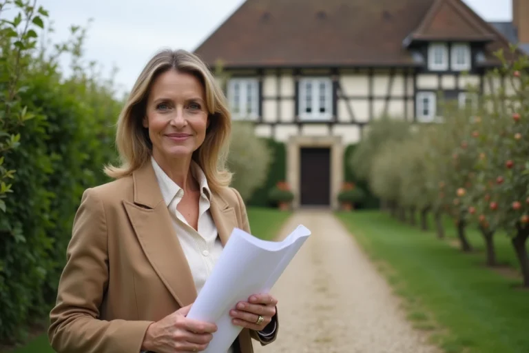 Femme agent immobilier tenant des plans devant une ferme normande à colombages entourée de pommiers en Normandie