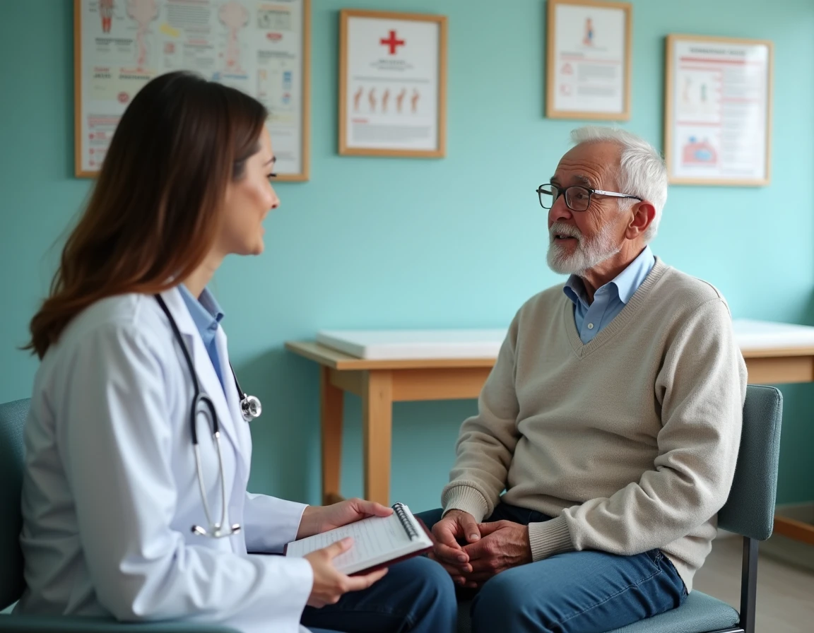Un homme senior discute de sa vie affective avec sa médecin lors d'une consultation, illustrant l'importance d'en parler à un professionnel de santé