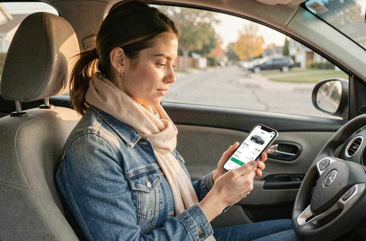 Passagère en covoiturage consultant les tarifs Blablacar sur son smartphone dans un véhicule en mouvement