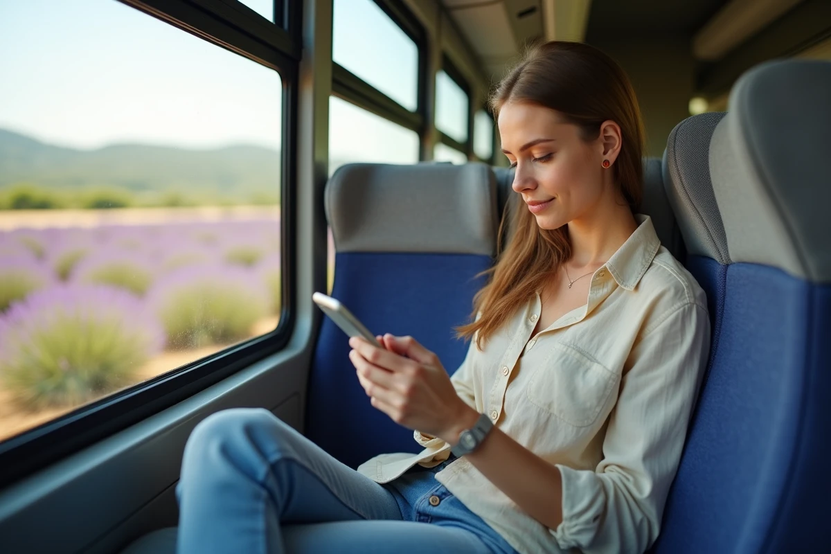 Passagère consultant les horaires de cars régionaux PACA sur smartphone à bord d'un bus en Provence