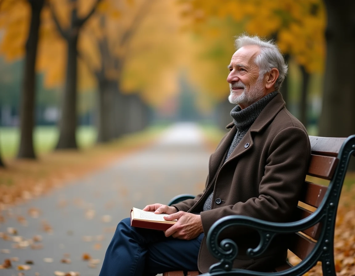 Un homme senior assis seul sur un banc dans un parc automnal avec un sourire serein, symbolisant la patience et l'acceptation du temps dans la séduction après 65 ans