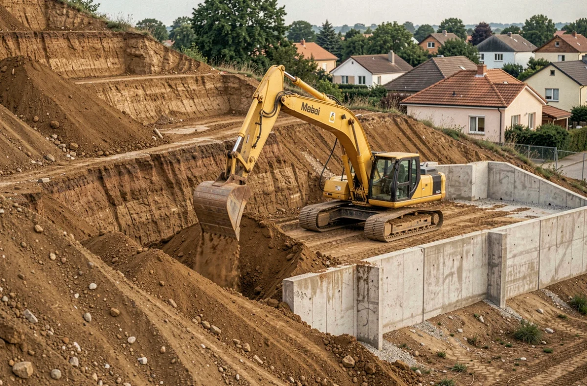 Pelleteuse sur chenilles réalisant des travaux de terrassement en déblai sur un terrain fortement pentu en zone résidentielle