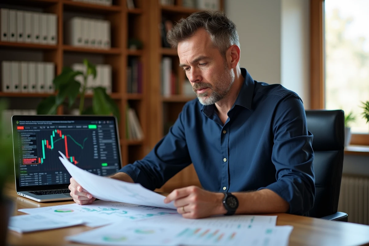 Petit porteur analysant des graphiques boursiers et des documents financiers dans un bureau à domicile moderne