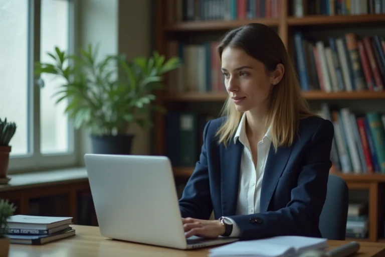 Femme enseignante résolvant un problème de messagerie académique de l'académie de Lyon sur un ordinateur portable dans un bureau administratif