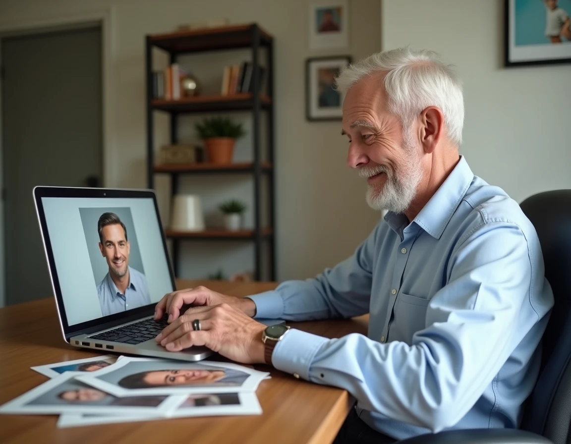 Un homme senior soigne son profil sur un site de rencontre pour seniors en choisissant soigneusement sa photo de profil