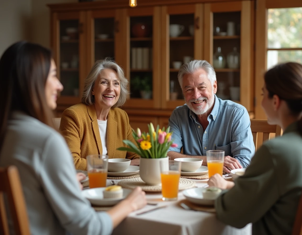Un couple senior détendu face à leurs proches lors d'un repas de famille, illustrant la gestion du regard des proches sans culpabiliser