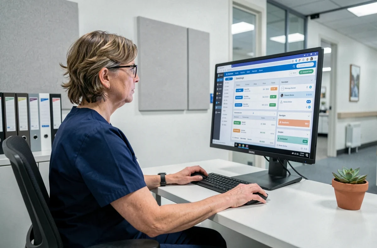 Responsable administrative d'EHPAD connectée à un logiciel de gestion de soins sur ordinateur de bureau