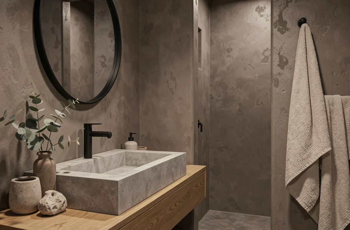Salle de bain en béton ciré taupe avec vasque intégrée, miroir rond noir et douche à l'italienne dans un intérieur style spa minimaliste