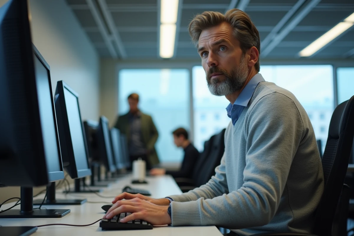 Homme utilisant un ordinateur dans une salle informatique universitaire pour résoudre un problème de connexion à la messagerie académique Lyon