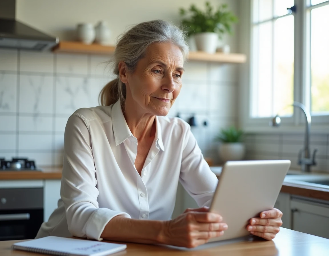 Une femme senior examine attentivement son écran de tablette avec prudence, illustrant les réflexes de sécurité à adopter en ligne
