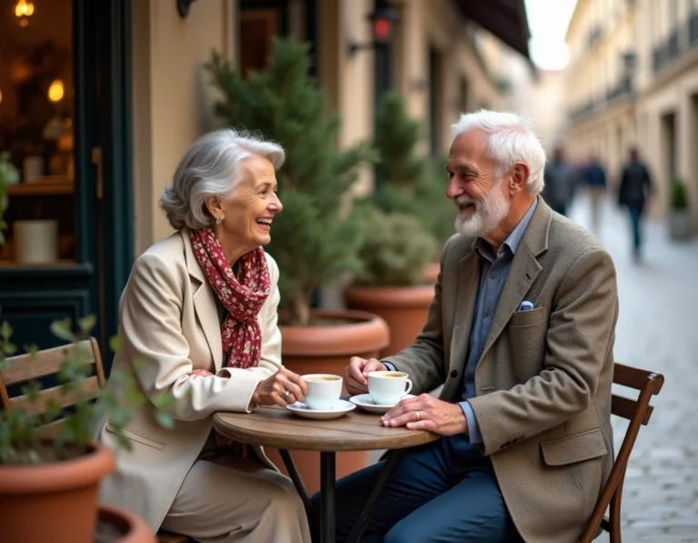 Un homme et une femme dans la soixantaine partagent un moment complice autour d'un thé en terrasse de café, illustrant la séduction après 65 ans