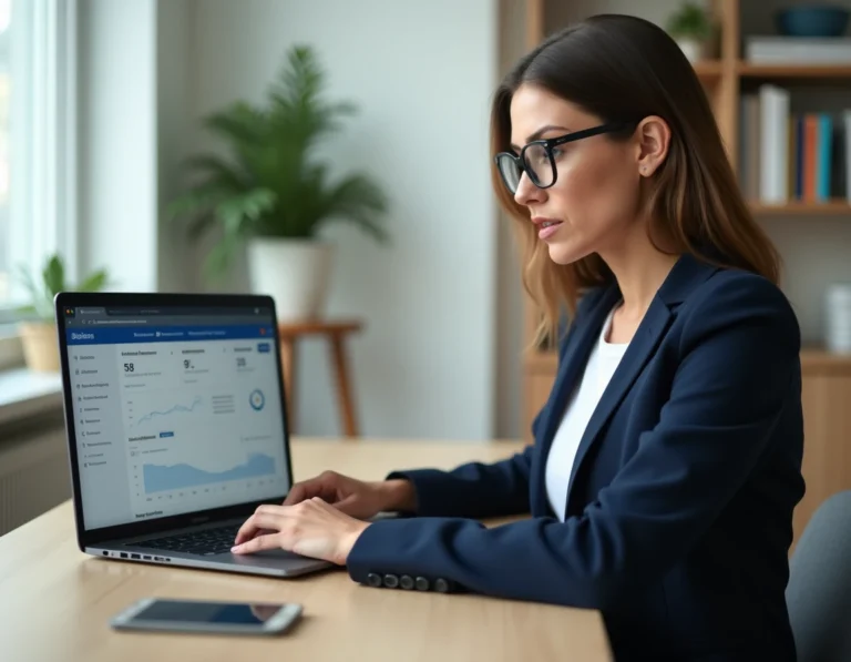 Femme professionnelle surveillant son identité numérique sur un ordinateur portable dans un bureau à domicile moderne
