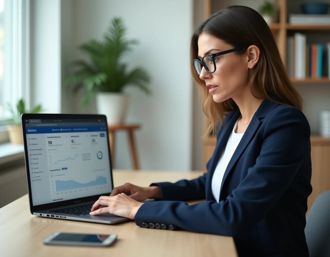 Femme professionnelle surveillant son identité numérique sur un ordinateur portable dans un bureau à domicile moderne