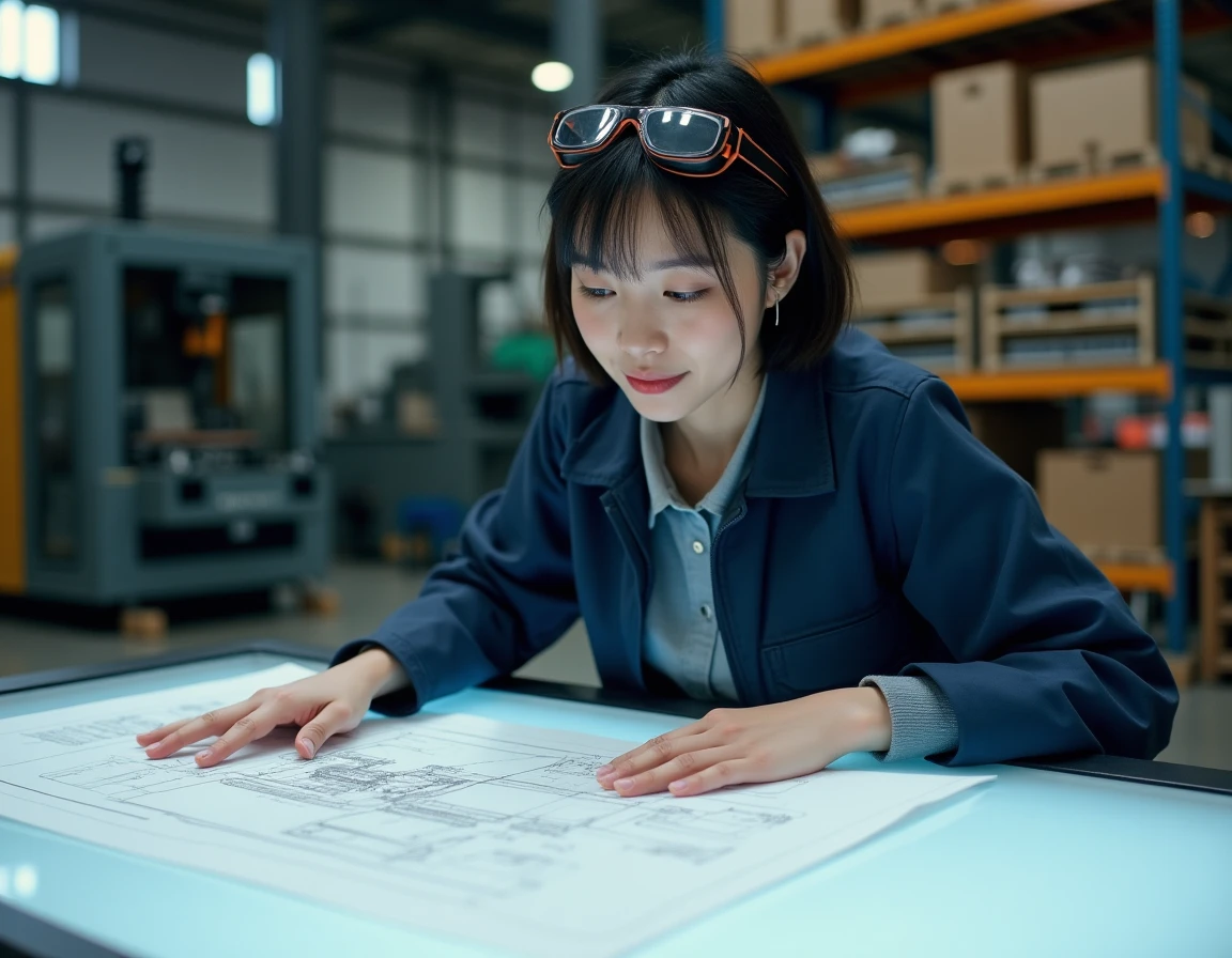 Technicienne en dessin industriel consultant un plan imprimé sur table lumineuse dans un atelier de production