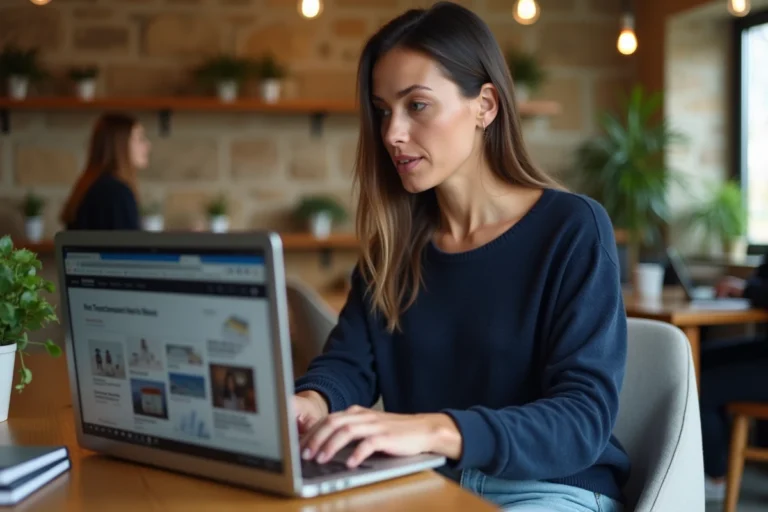 Femme travaillant sur un ordinateur portable dans un espace de coworking breton avec des murs en pierre apparente, illustrant les tendances numériques en Bretagne en 2024