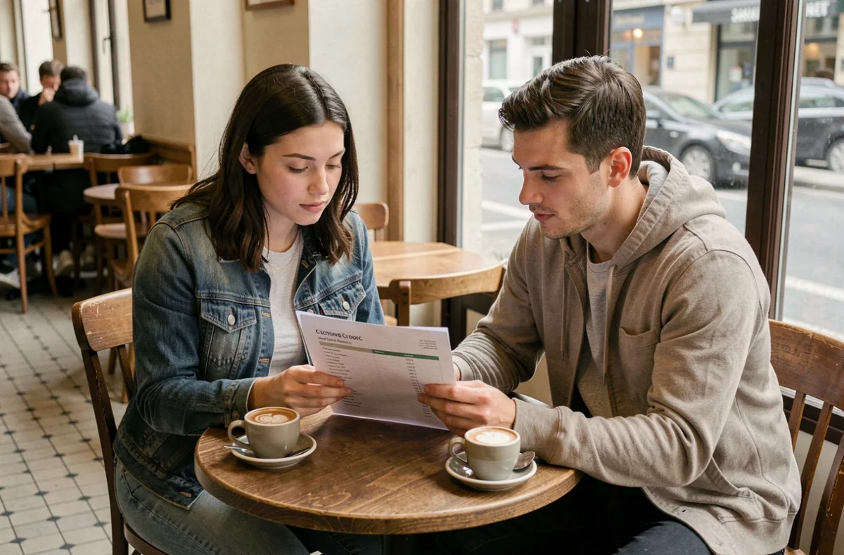 Deux utilisateurs de covoiturage Blablacar discutant des frais et de l'itinéraire dans un café en ville