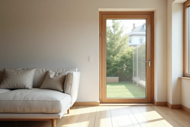 Verre dormant intégré dans une fenêtre en bois blanc dans un salon contemporain au décor scandinave