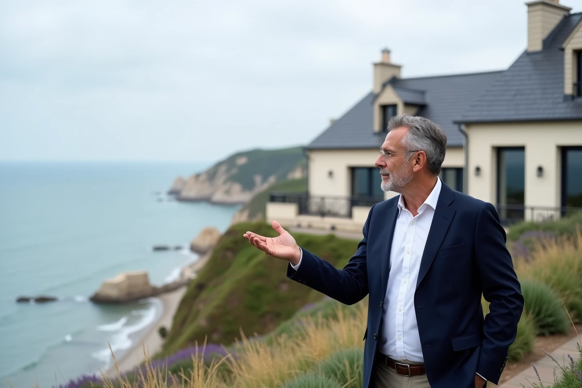 Agent immobilier présentant une villa côtière avec vue sur la Manche et les falaises normandes