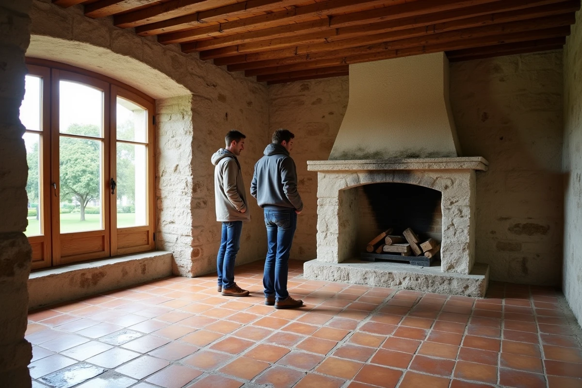 Couple visitant l'intérieur rénové d'un manoir en pierre avec cheminée ancienne et poutres apparentes en Normandie