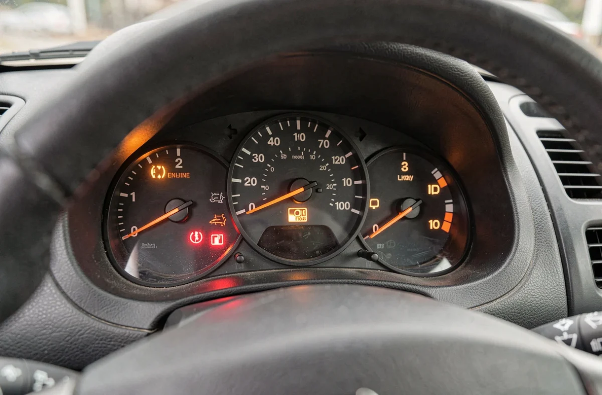 Tableau de bord d'une Peugeot 206 avec voyants d'alerte allumés, vue rapprochée du combiné d'instruments